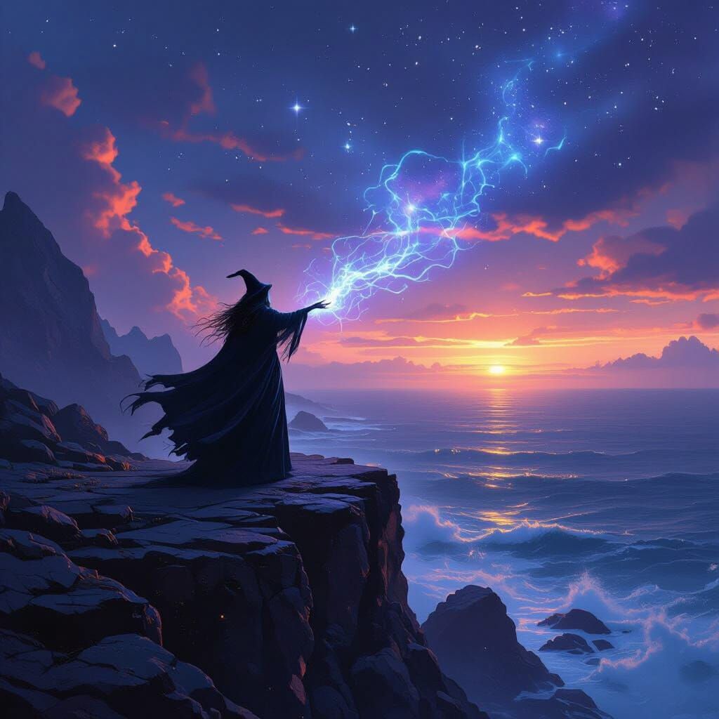 Witch on Cliff Overlooking Ocean Under Starlight Sky