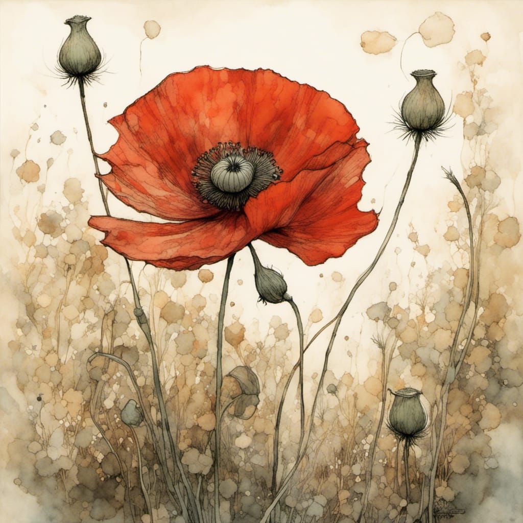 Poppy Blossom in Whimsical Watercolor Style