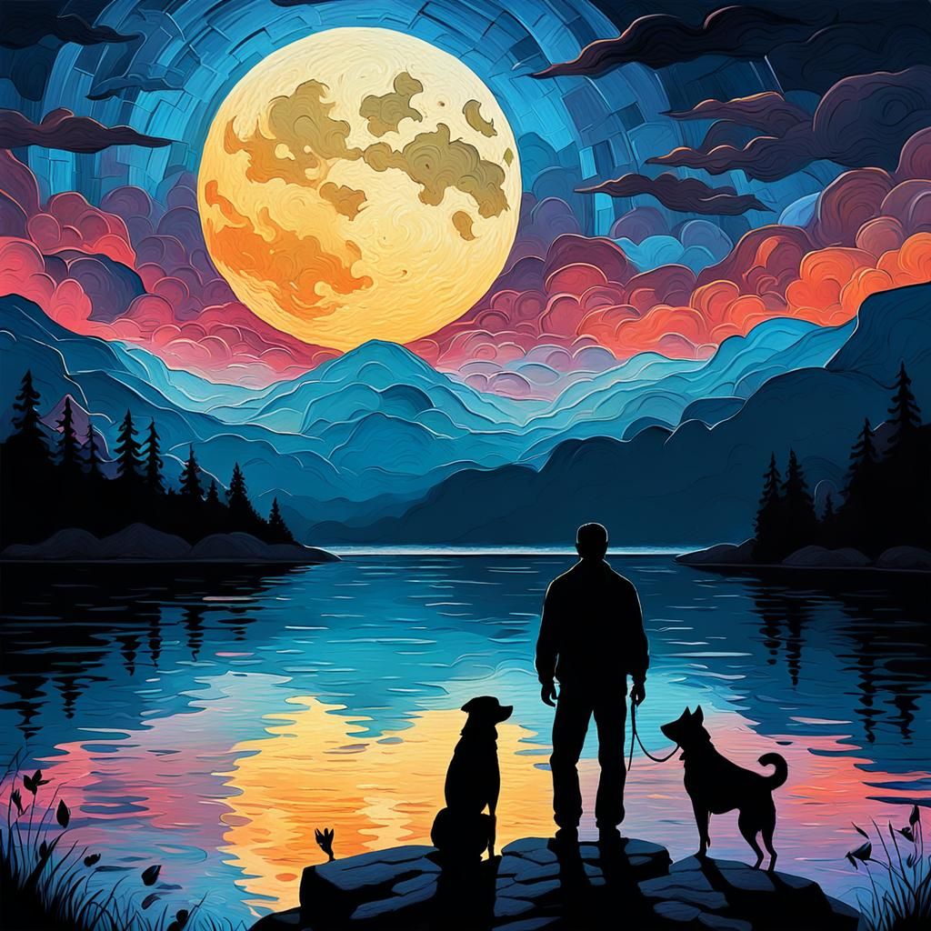 Men and Dogs at Sunset: Neo-Impressionist Painting