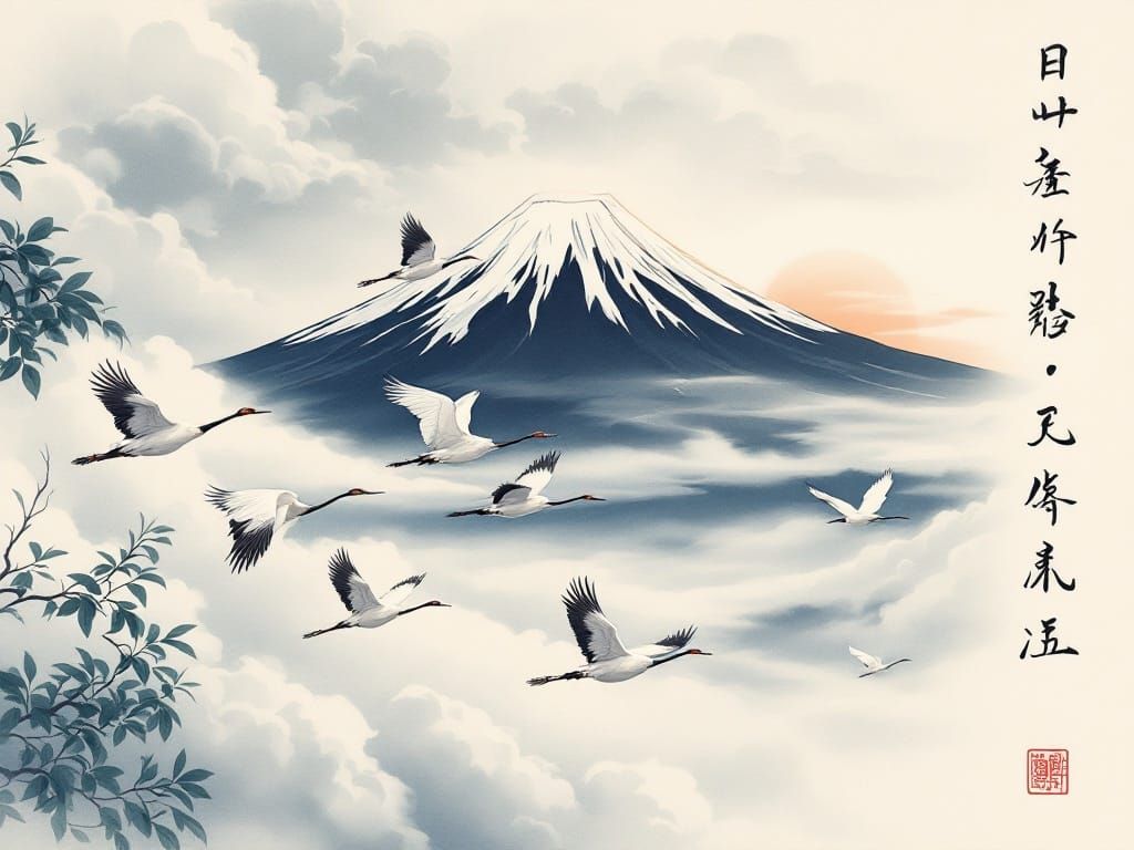 Elegant Cranes Soar Above Mt. Fuji in Soft Winter Light