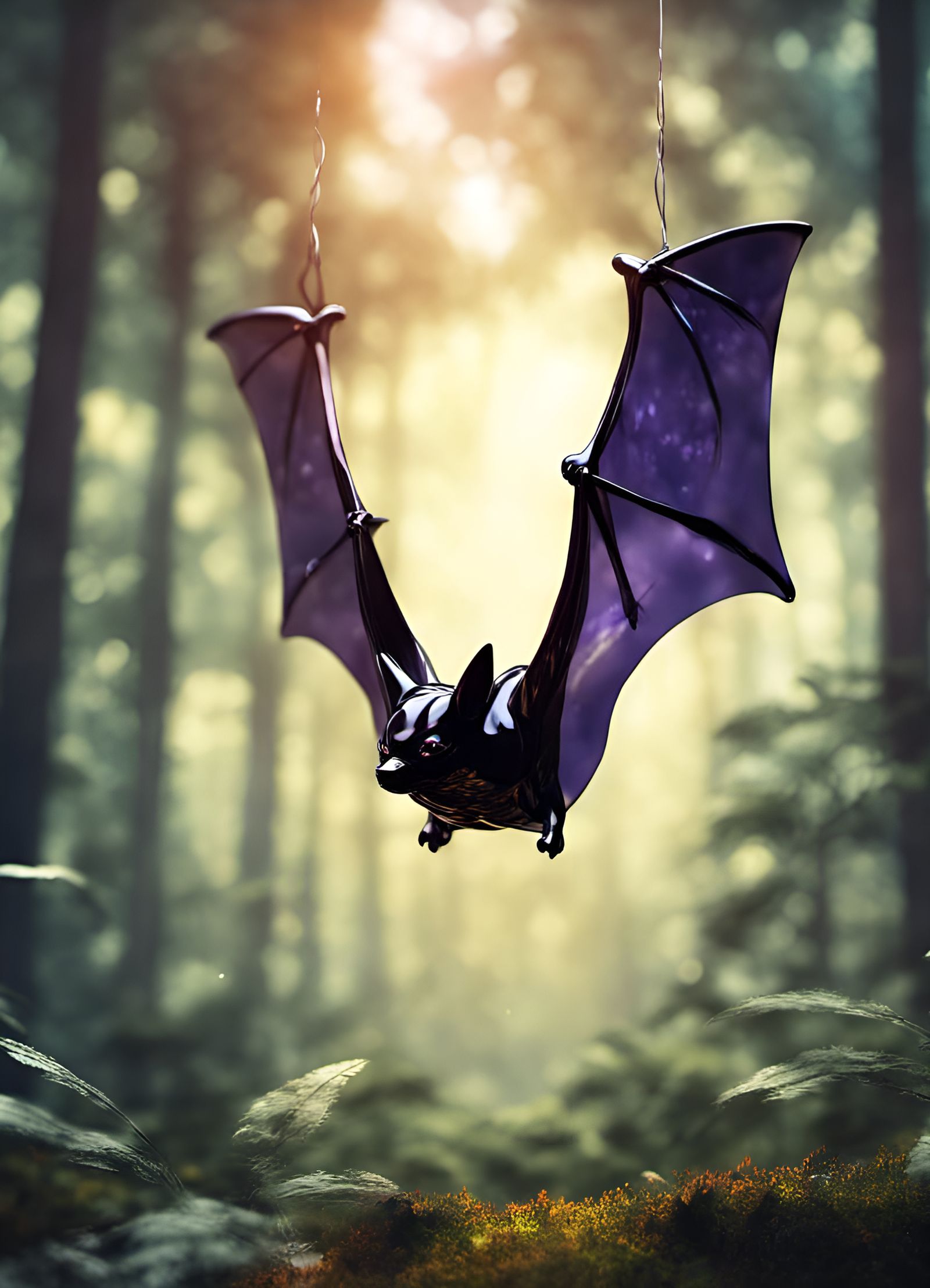 Glass Bat Soars Through Forest: 3D Digital Art