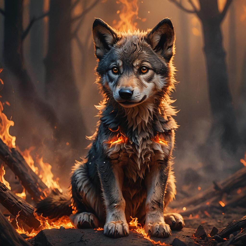 Inferno Wolf Pup in Dreamy Fantasy Art