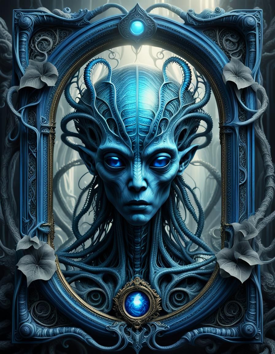 Alien Portrait in Ornate Frame, Biomechanical Concept Art
