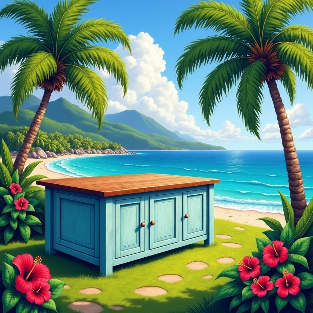 Tropical Kitchen Island Dream in Impressionist Style