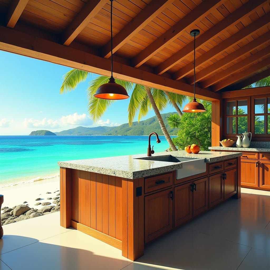 Tropical Island Kitchen with Rustic Wooden Island