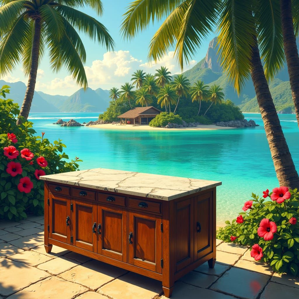 Tropical Island Kitchen in Post-Impressionistic Style