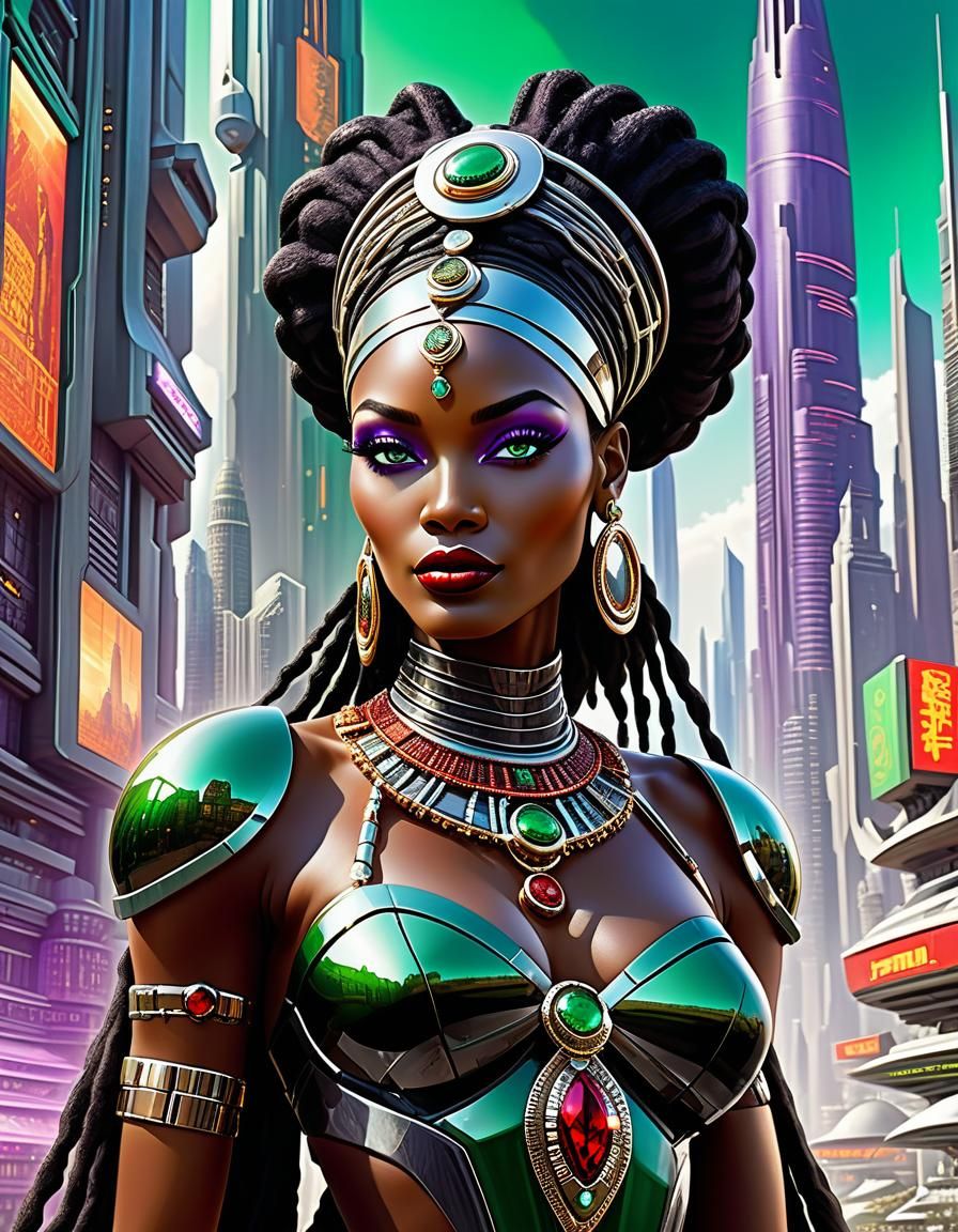African woman in a futuristic city