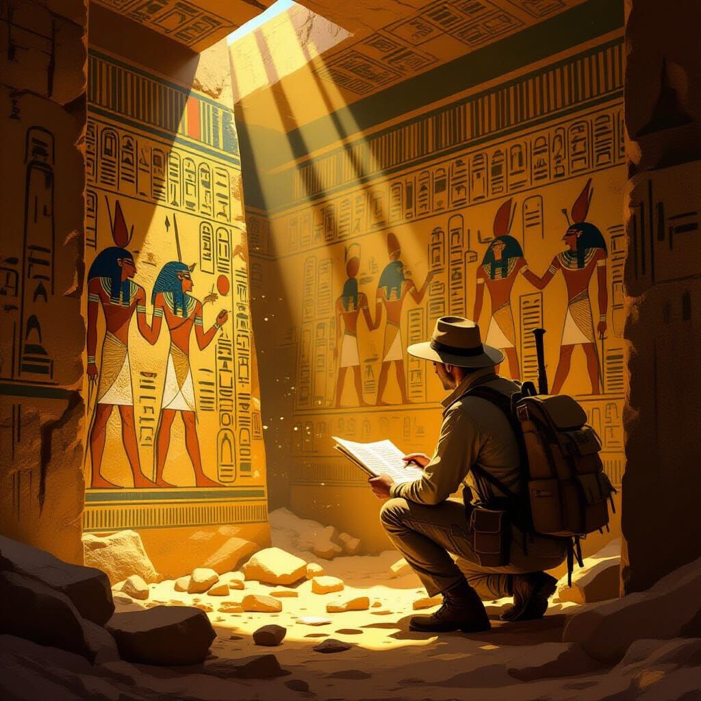 Explorer Deciphers Hieroglyphs in Sunlit Egyptian Tomb
