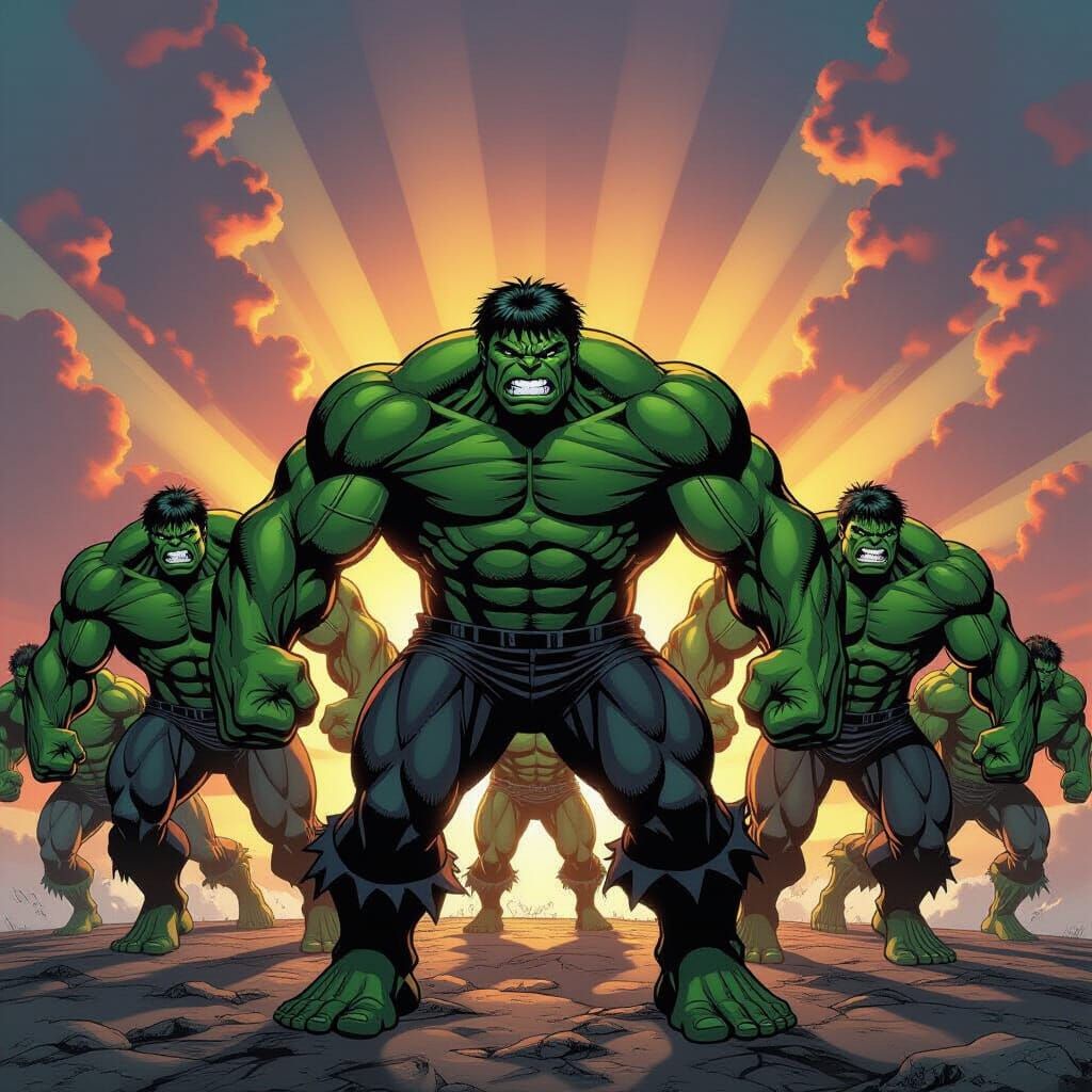 An Army of Hulks in Comic Book Style
