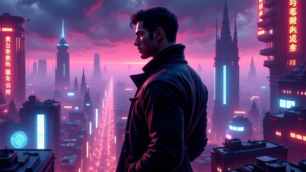 Muscular Man Overlooks Futuristic Chinatown in Cyberpunk Sty...