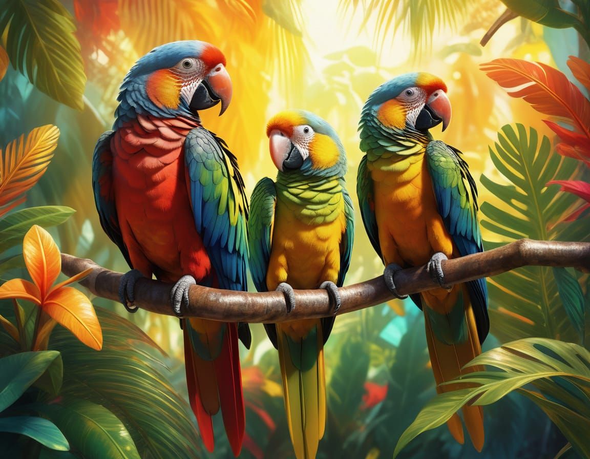 Exotic Parrots in Lush Tropical Concept Art
