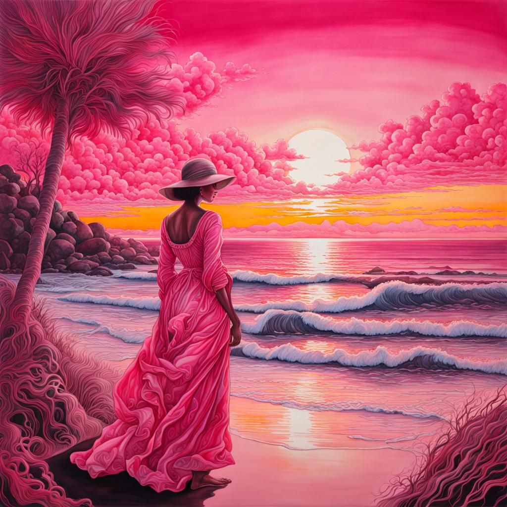 Pink Sunset Beach Portrait in Ink Wash