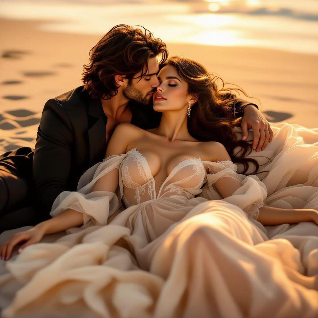 Romantic Golden Hour Beach Embrace in Painterly Style