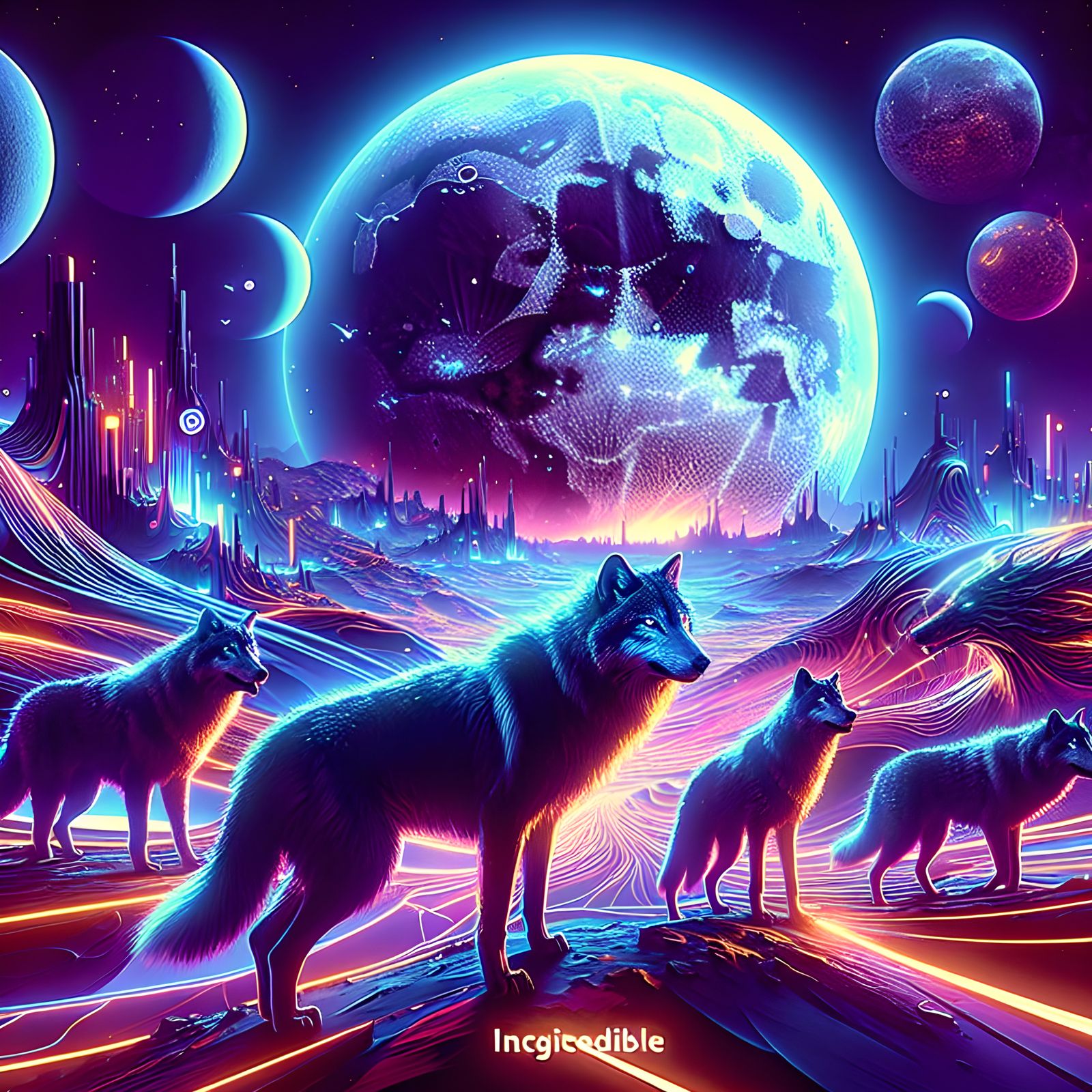 Psychedelic Wolves on the Moon: Digital Masterpiece