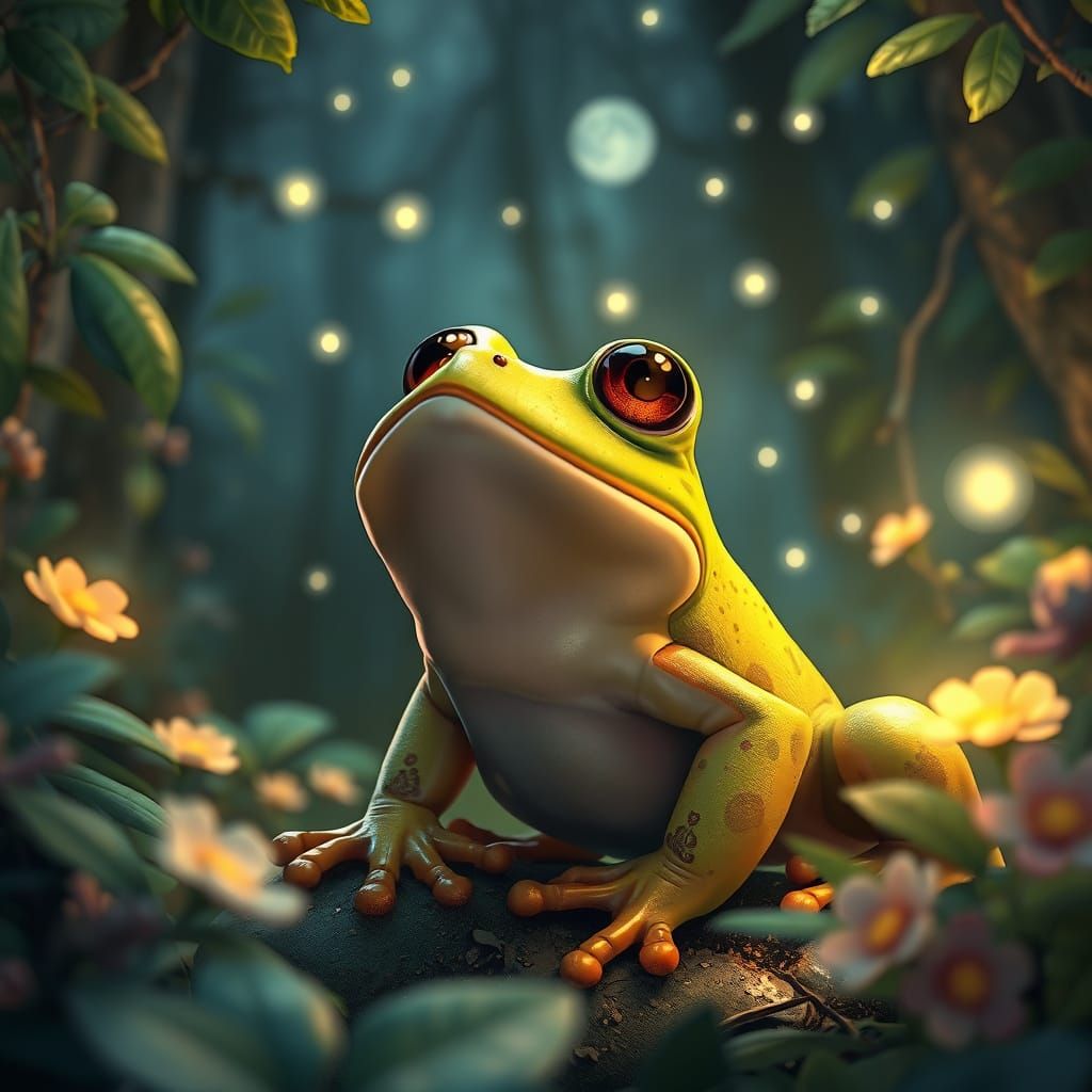 Frog Gazing at Fireflies in Anime Style