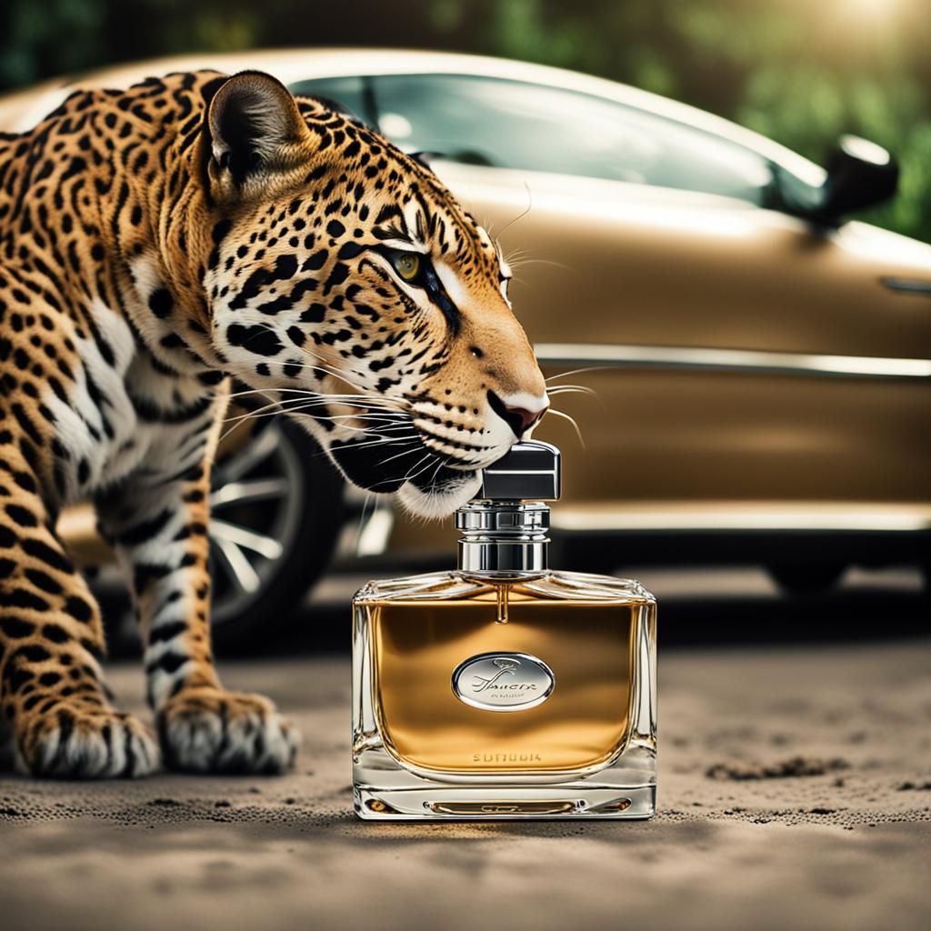 Perfume Ad Featuring Jaguar on Car Hood