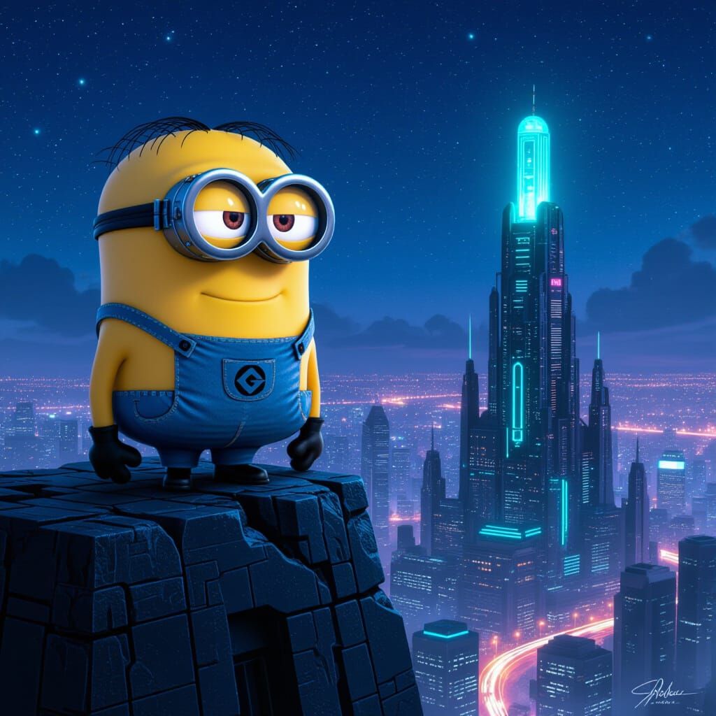 Giant Cybernetic Minion on Obsidian Tower Overlooking Sci-Fi...