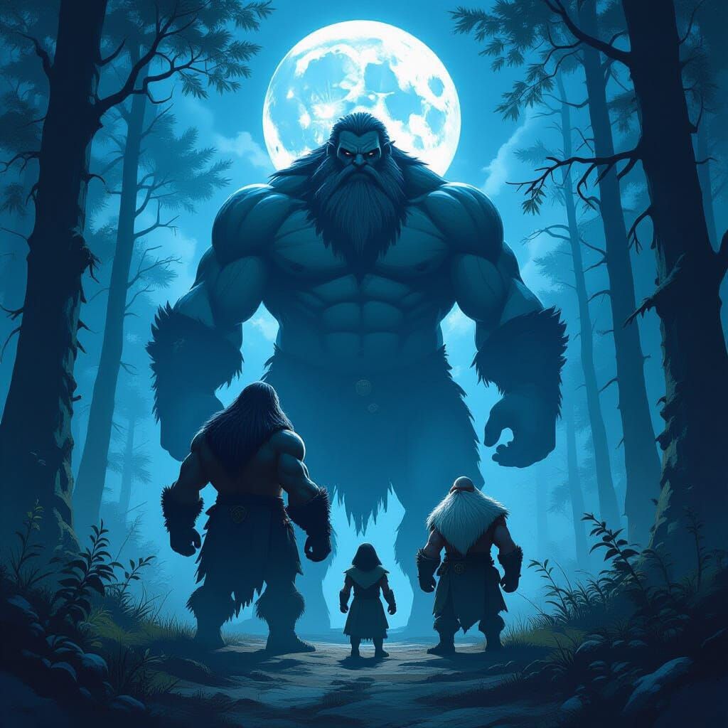 Trio of Giants and Dwarf in Mystical Forest