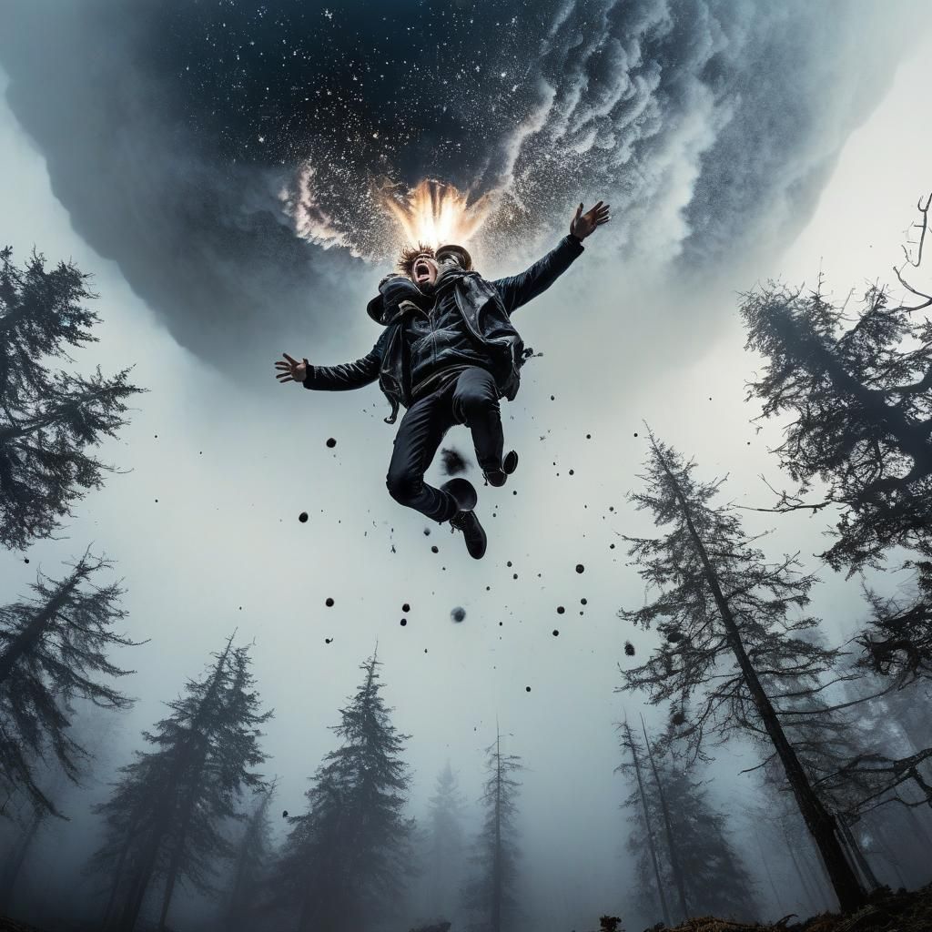 Hyperrealistic Powder Keg Explosion with Flying Figures