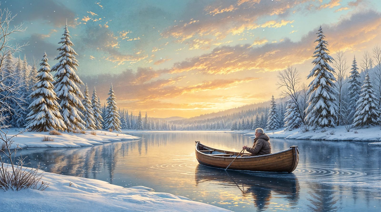 Winter River Sunrise in Impressionistic Style