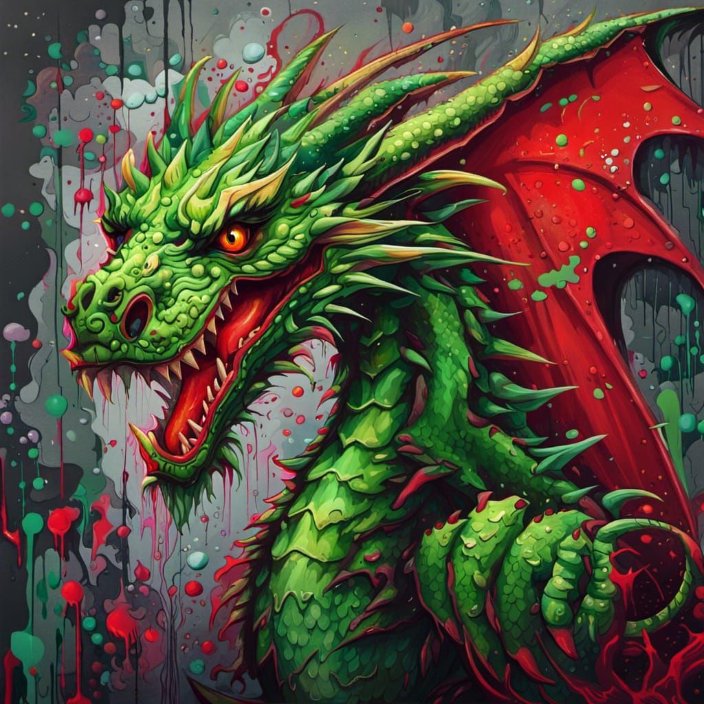 Green Dragon with Red Eyes in Graffiti Art