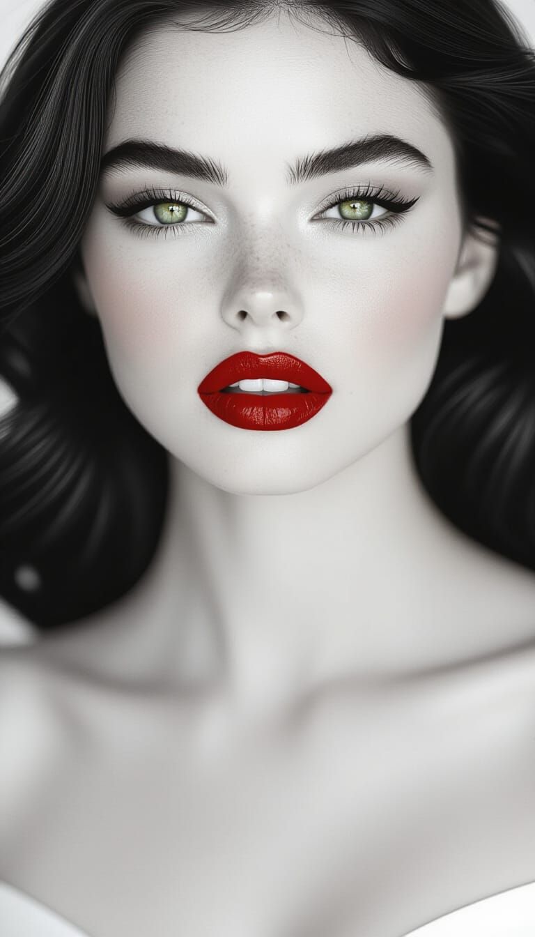 Glamorous Woman Portrait with Green Eyes and Red Lips
