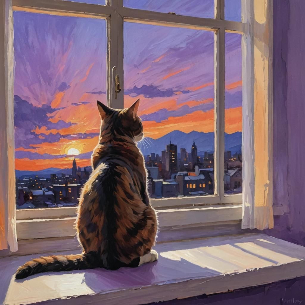 Cat Silhouette at Sunset: Expressionist Oil Painting