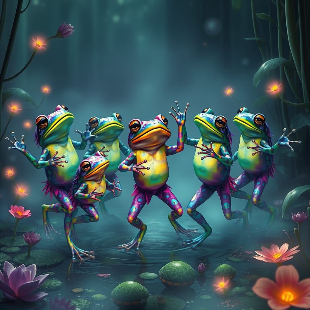 Psychedelic Frogs Dancing in Iridescent Marshland