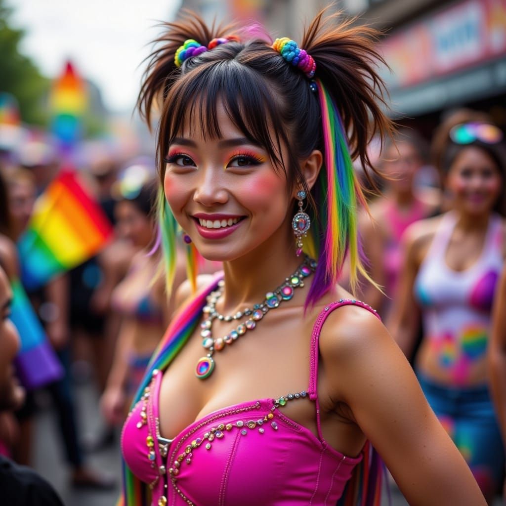 Rainbow Pride: Cheerful Japanese Woman at Parade