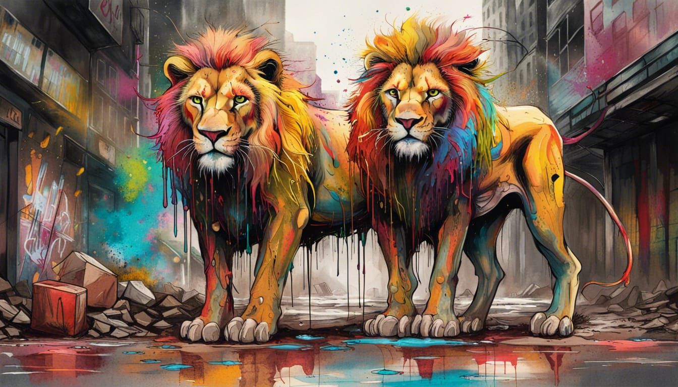 Lion in Post-Apocalyptic City: Graffiti Splash Art