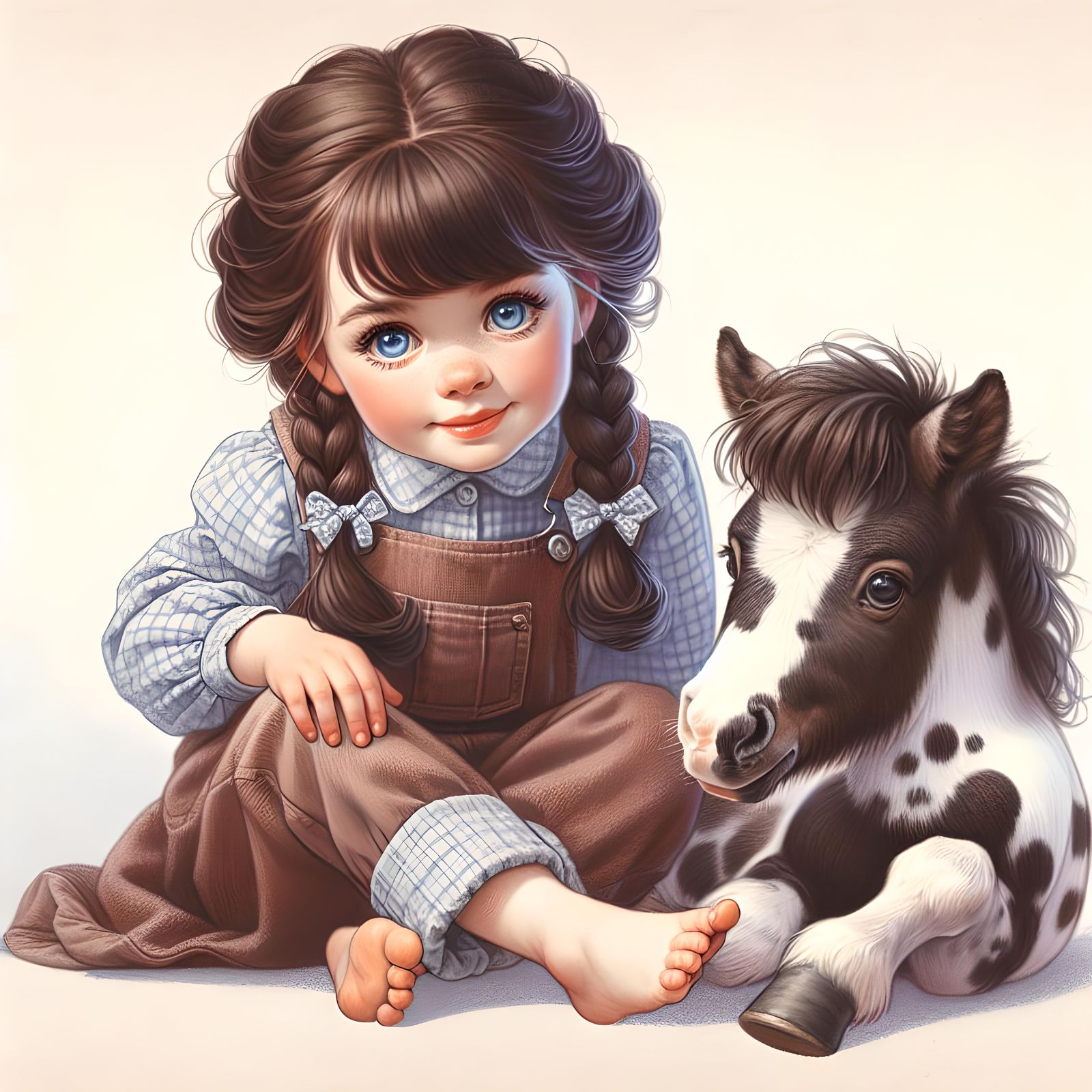 1950s girl, barefoot, wearing overalls, dark brown hair, blue eyes, braids, riding a spotted pony, feet dangling, no sti...
