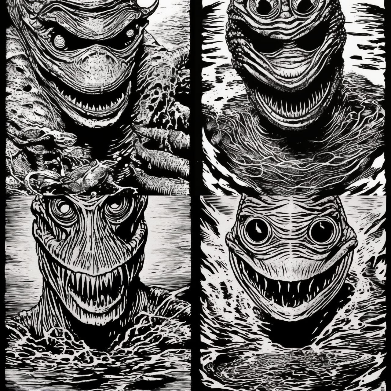 Sad Fish Creature in Swamp: Black and White Woodcut