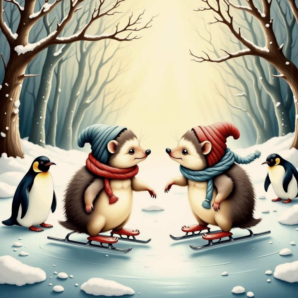 Hedgehogs and Penguins Skating in Winter Snow