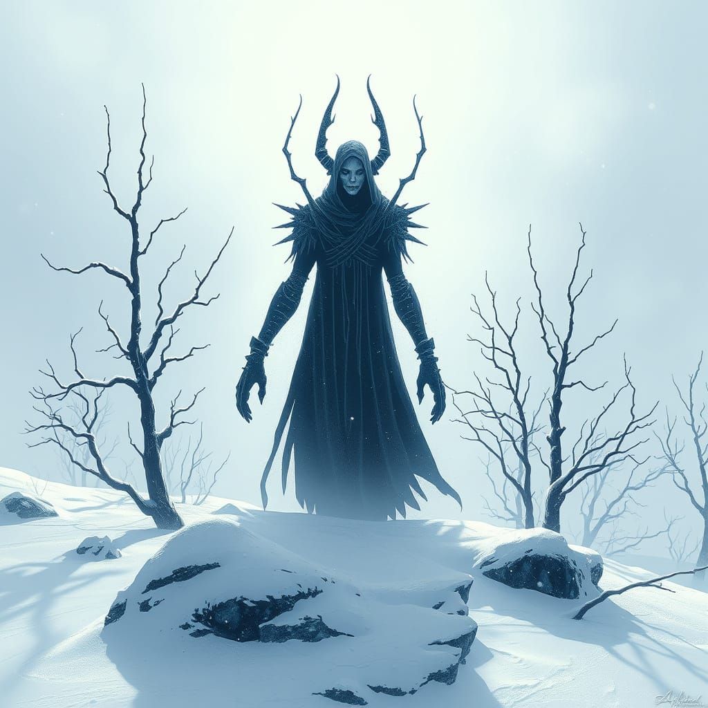 Cyber-Arctic Cailleach Emerges in Ethereal Winter Landscape