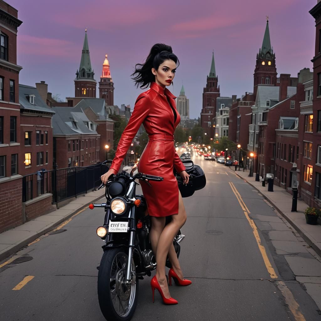 Glamorous Secret Agent Rides Motorcycle Through Cityscape