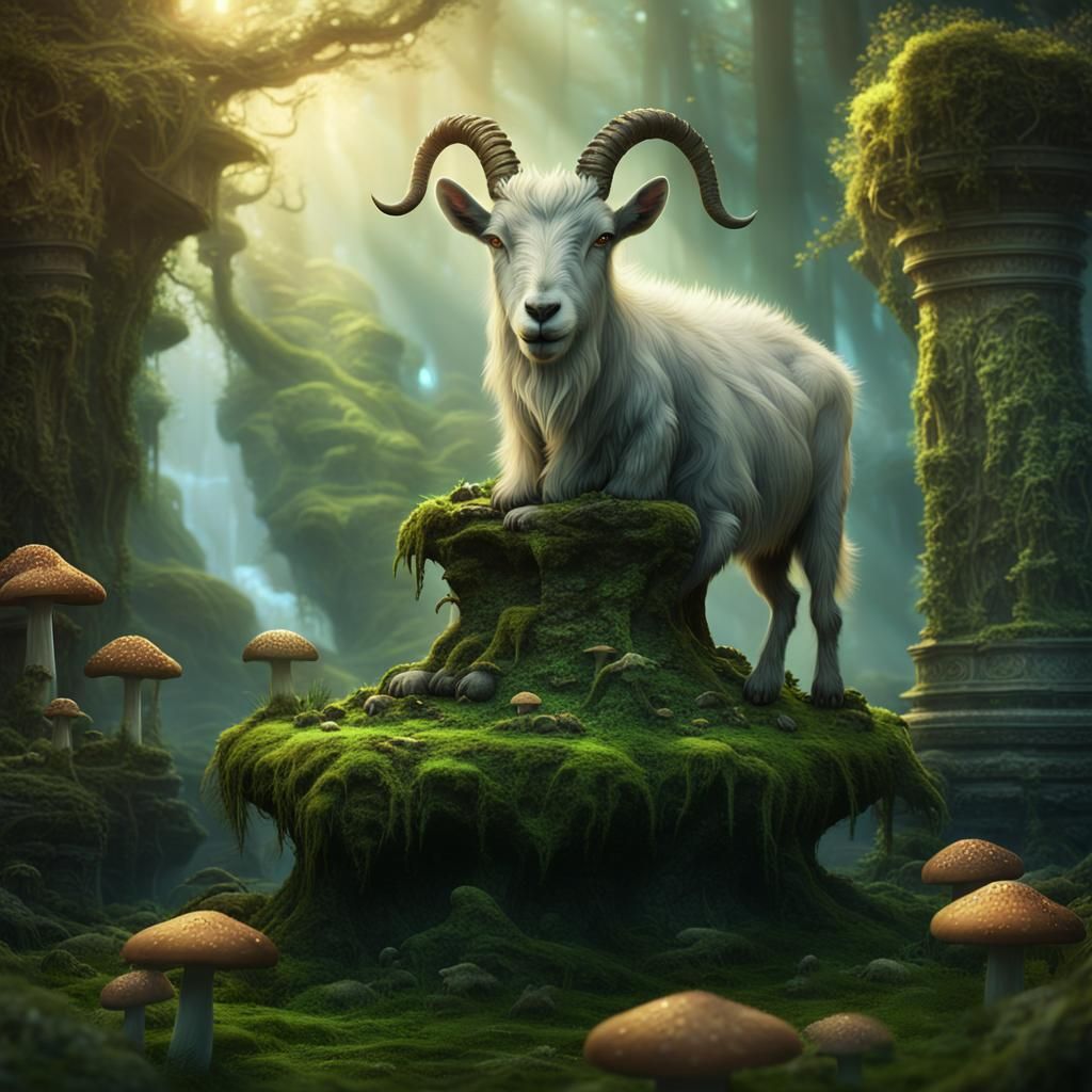 Fantasy Goat on Pedestal in Ethereal Light