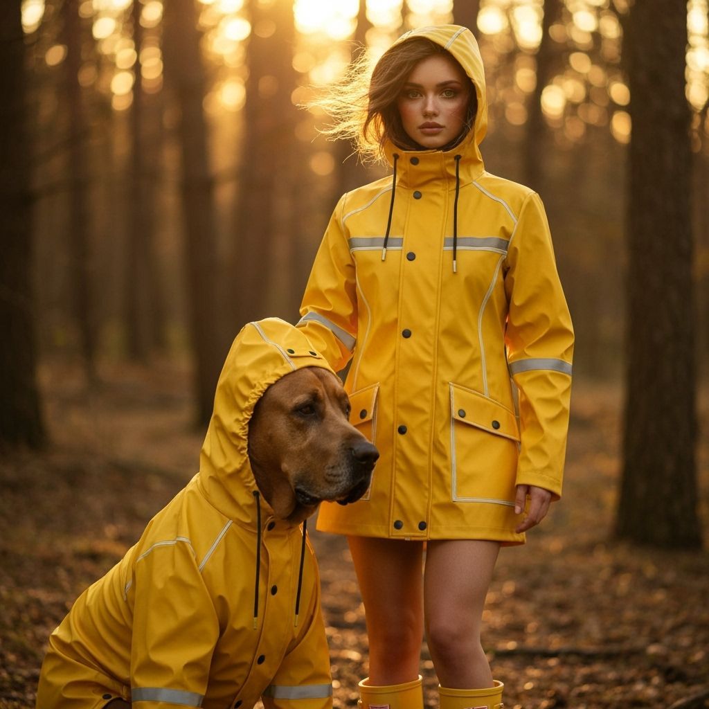 Woman and Dog in Matching Yellow Raincoats in Golden Forest