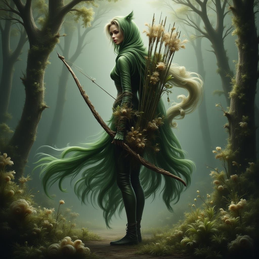 Enchanting Huntress in Misty Forest, Digital Art