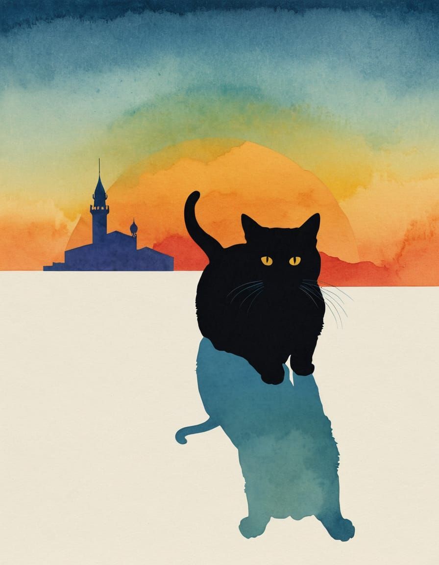 Minimalist Cat Silhouette in Colourful Sky