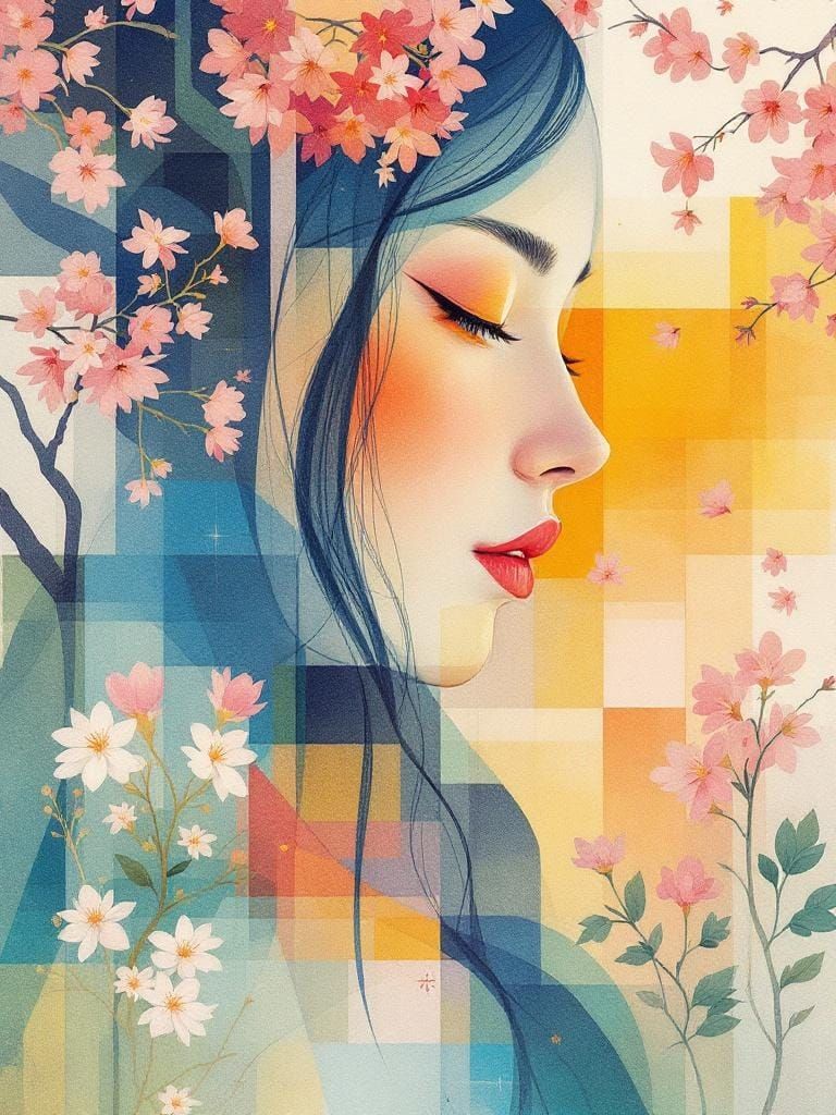 Folk Art Fusion: Geometric Figure in Blossom Garden