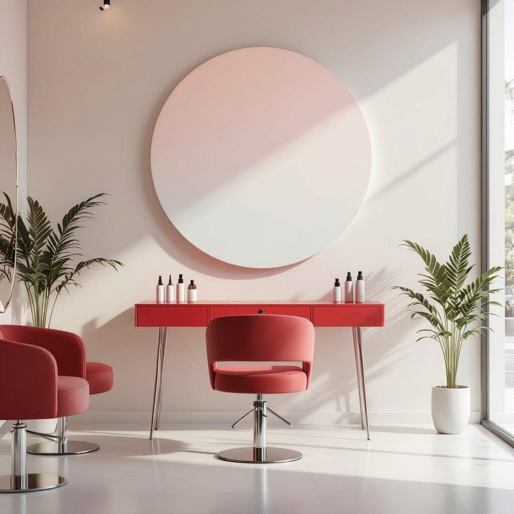 Modern Beauty Salon Interior with Red Vanity Table