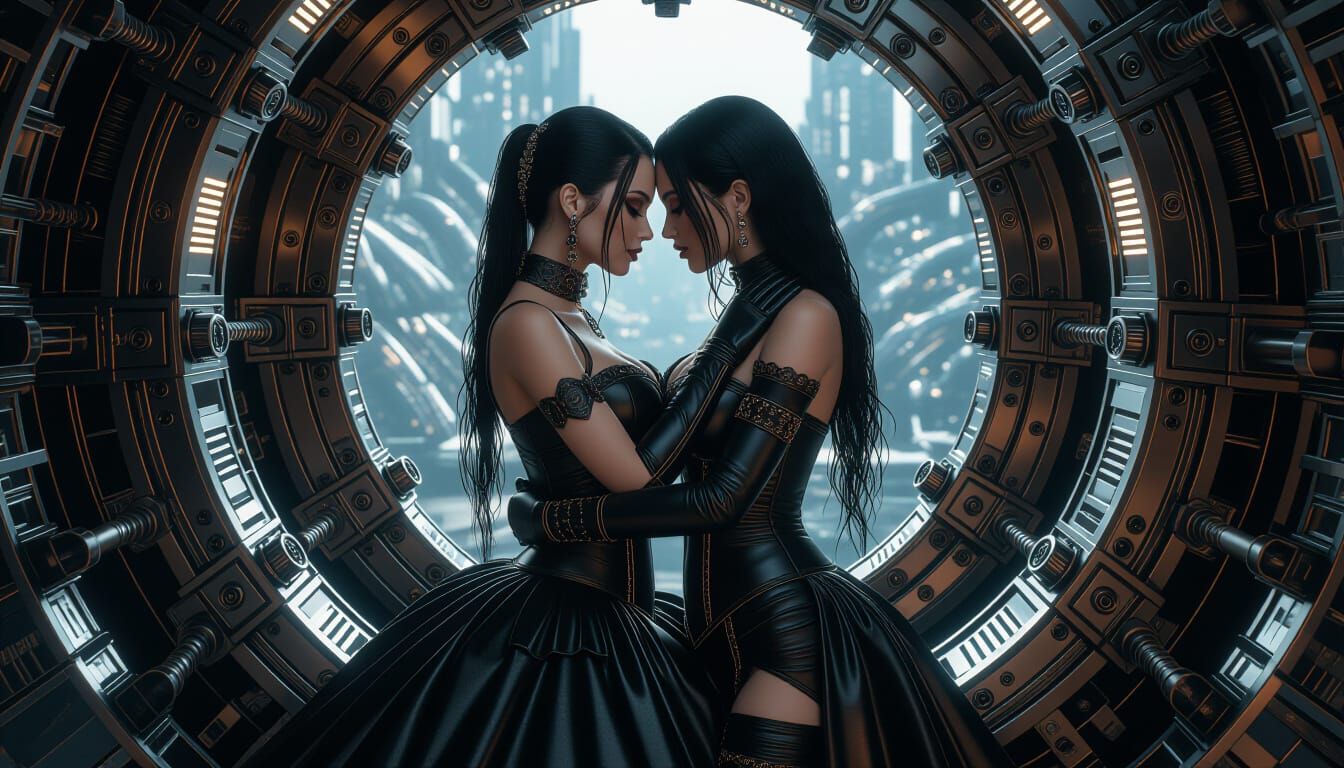 Gothic Lovers Embrace in Sci-Fi Landscape