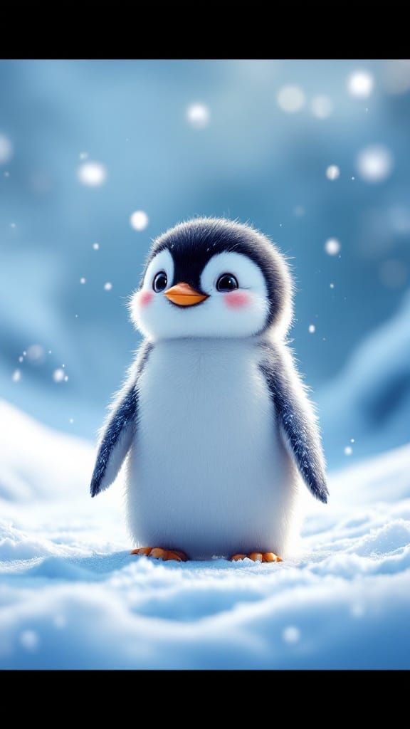Whimsical Baby Penguin in Snowy Wonderland