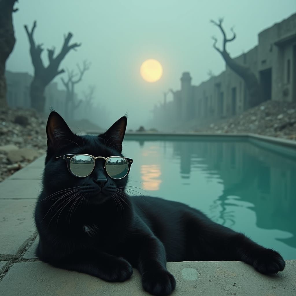 Sleek Cat Wears Sunglasses in Cyberpunk Apocalypse
