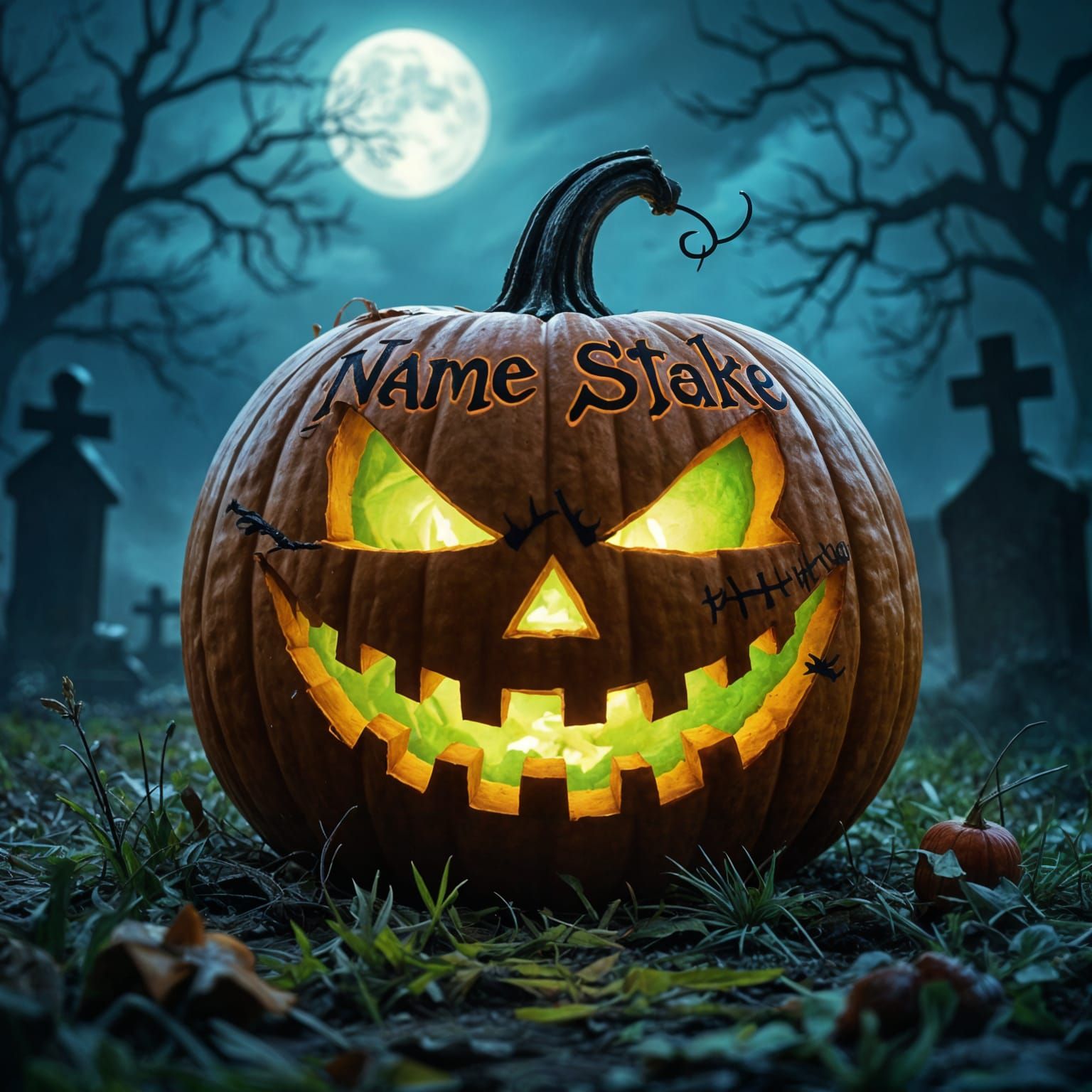 Scary Halloween Pumpkin With Tattooed Name Stitching