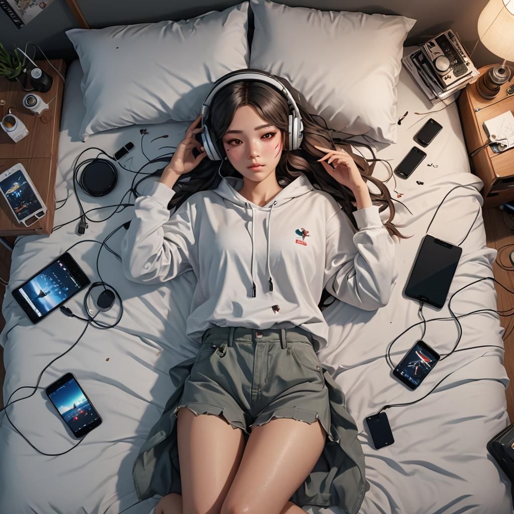Girl laying on bed listening to music