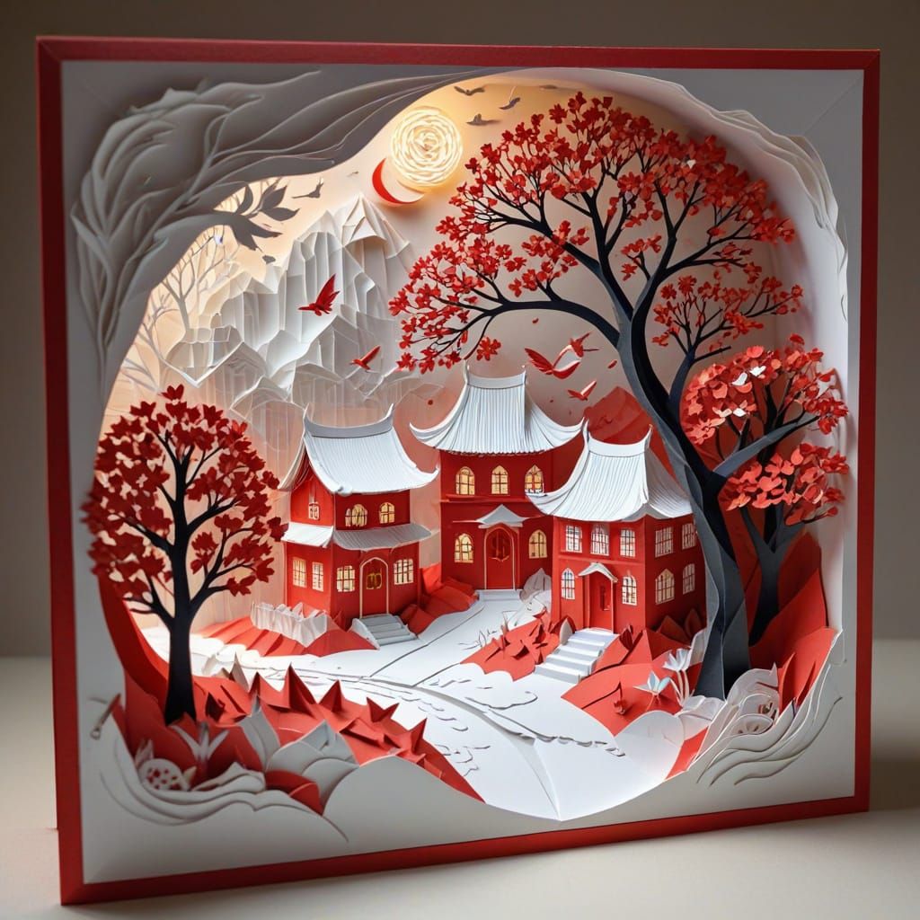 Origami City Square with Red Tree in Snow