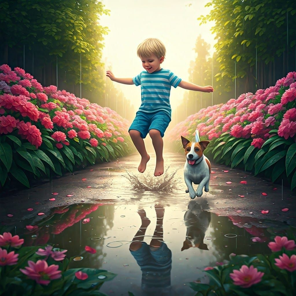 Joyful Boy and Dog in Rainy Garden, Realism Style
