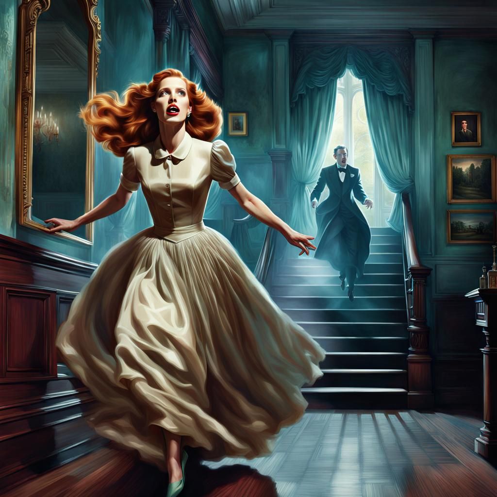 Terrified Woman Fleeing Ghost, Pulp Magazine Illustration