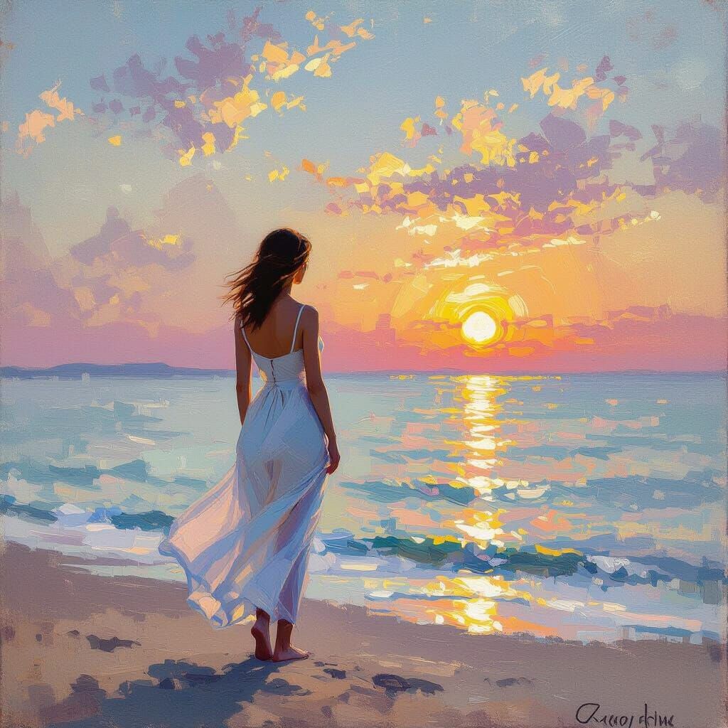 Vibrant Sunset Beach Scene with Woman in Light Dress